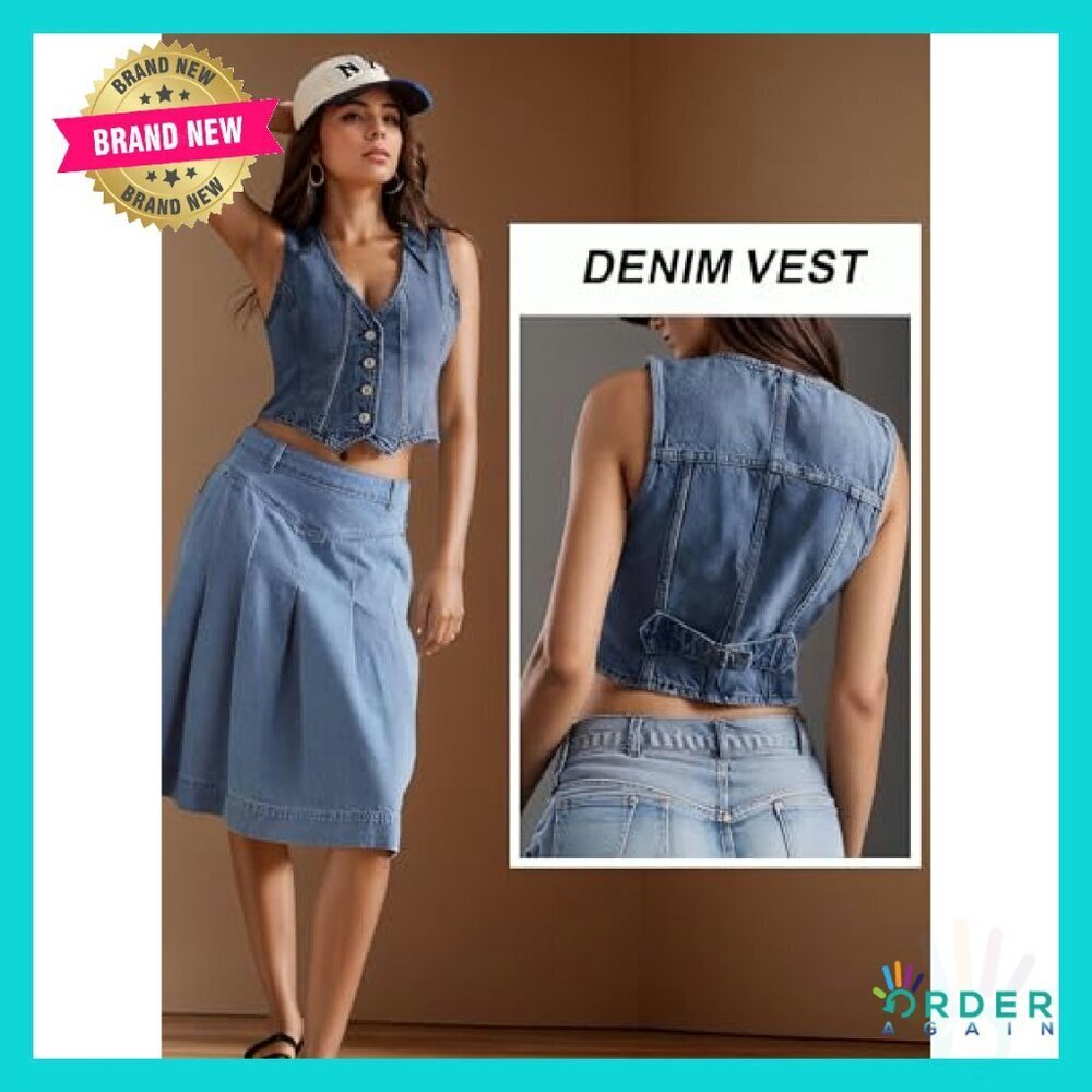 Denim Vest Crop Top Sleeveless V Neck Button Down Fitted Western Retro Chic - Picture 3 of 8